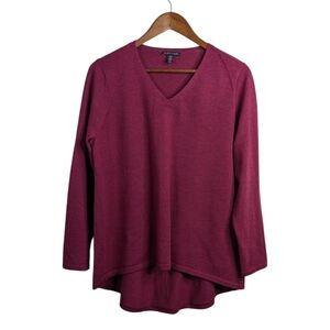 Eileen Fisher V Neck Sweater Medium Purple Red Merino Wool High Low Minimalist